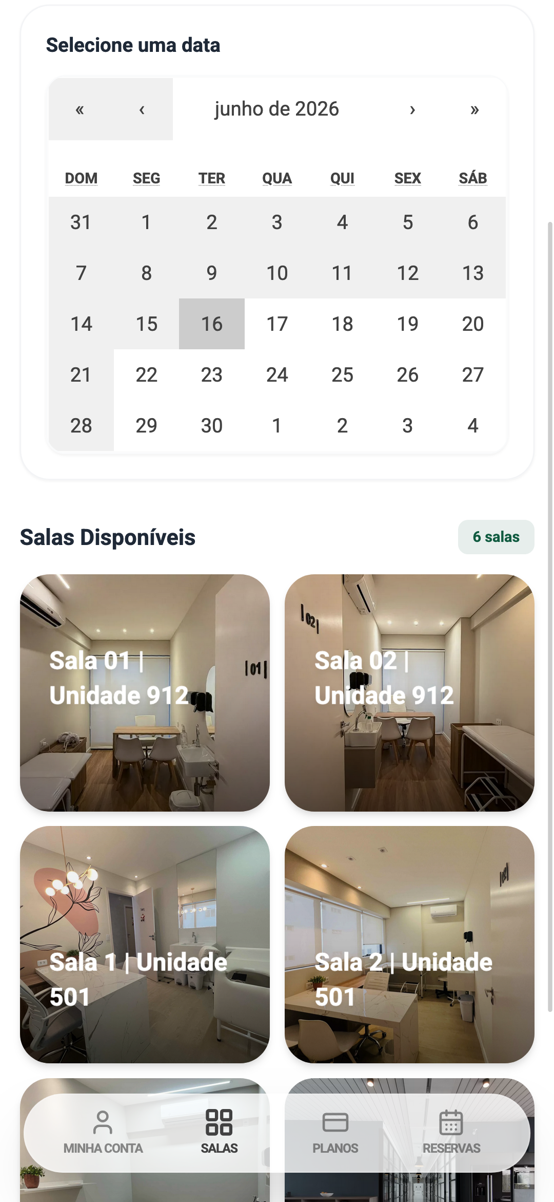 Tela de seleção de data no calendário e grade de salas disponíveis