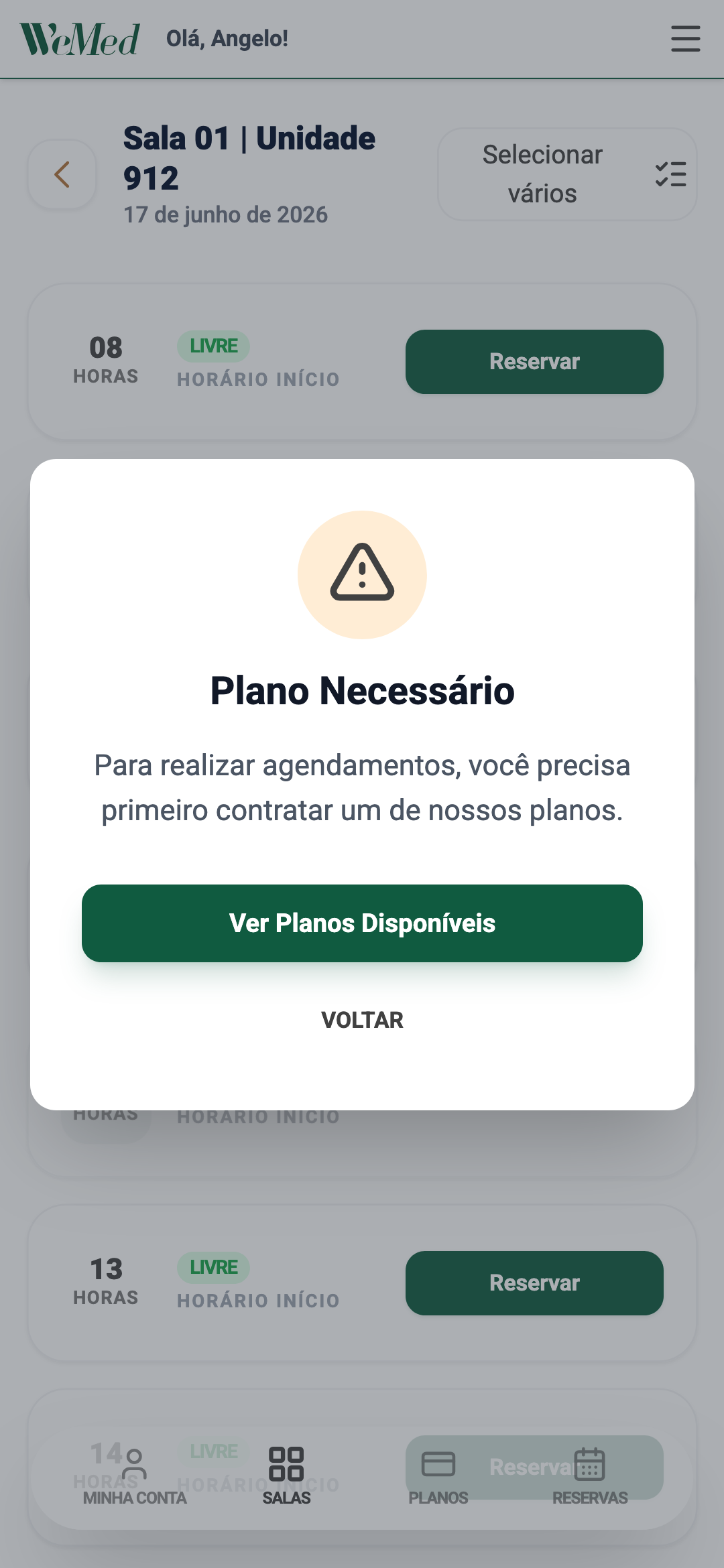 Modal informando que é necessário contratar um plano para reservar