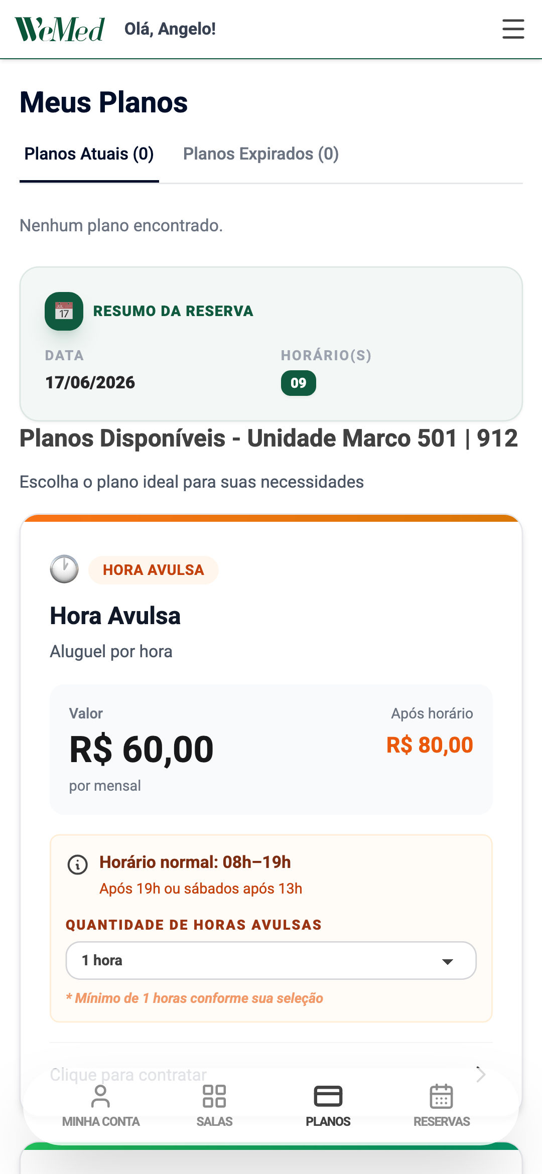 Tela de contratação de hora avulsa com resumo da reserva e pagamento