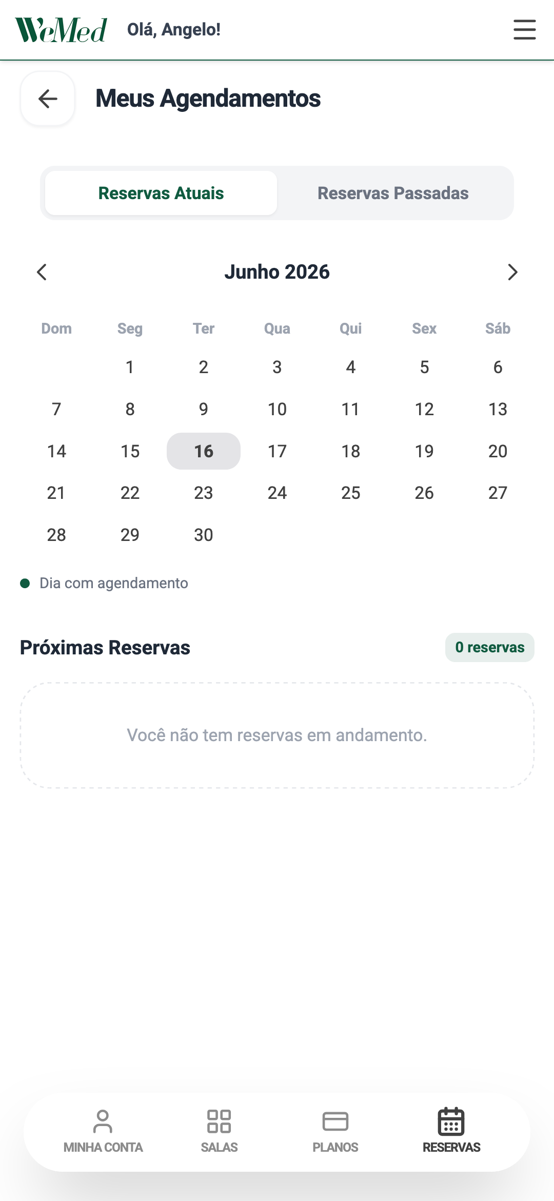 Tela de meus agendamentos com calendário e próximas reservas